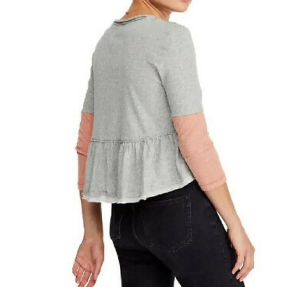 Free People Baby Doll Top Gray Orange /Peach Large V Neck Pocket Cotton